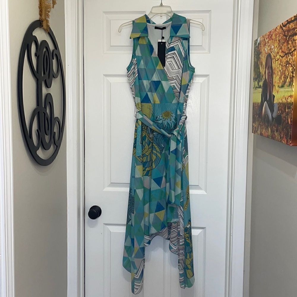 Paz Torras Geometric Print High Low Hem Dress, NWT